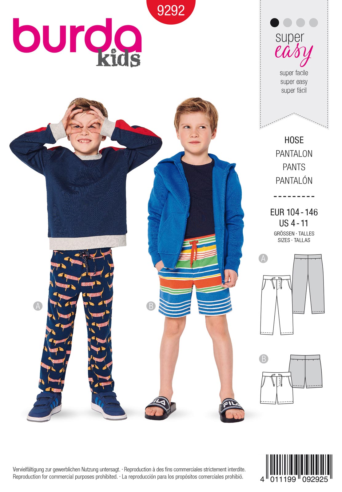 Piegrieztne biksēm un šortiem Burda kids 9292 Piegrieztne biksēm un šortiem Burda kids 9292