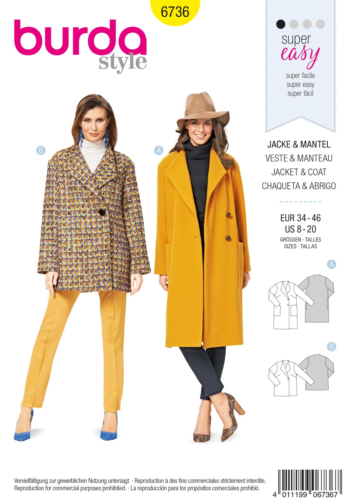 Piegrieztne jakai un mētelim Burda easy 6736 Piegrieztne jakai un mētelim Burda easy 6736