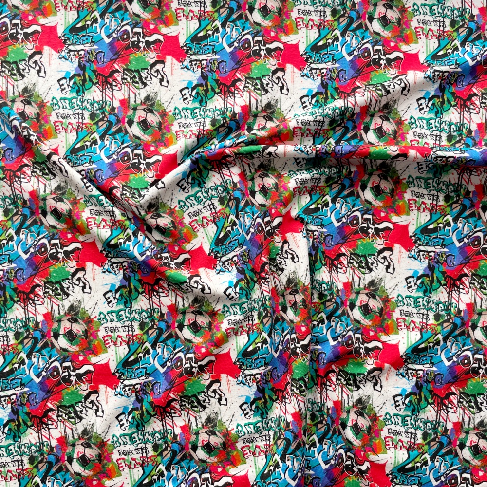 Plānā kokvilnas trikotāža Grafiti futbols 215gr/m² Plānā kokvilnas trikotāža Grafiti futbols 215gr/m²